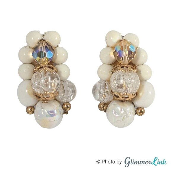 Jewelry - Vintage Multi Beaded Ear Climber Cluster Gold Tone Mid-Century Clip On Earrings